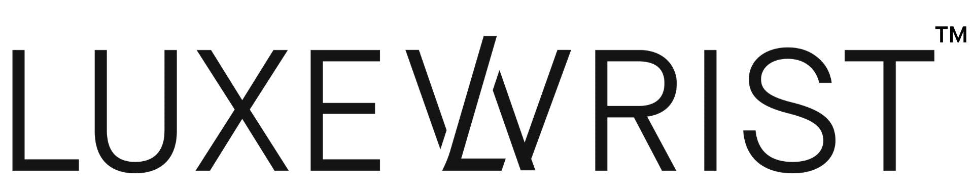 Luxe Wrist logo in bold black letters, featuring a mirrored 'W' design at the center where the 'W' is created from two overlapping 'V'-shaped lines.